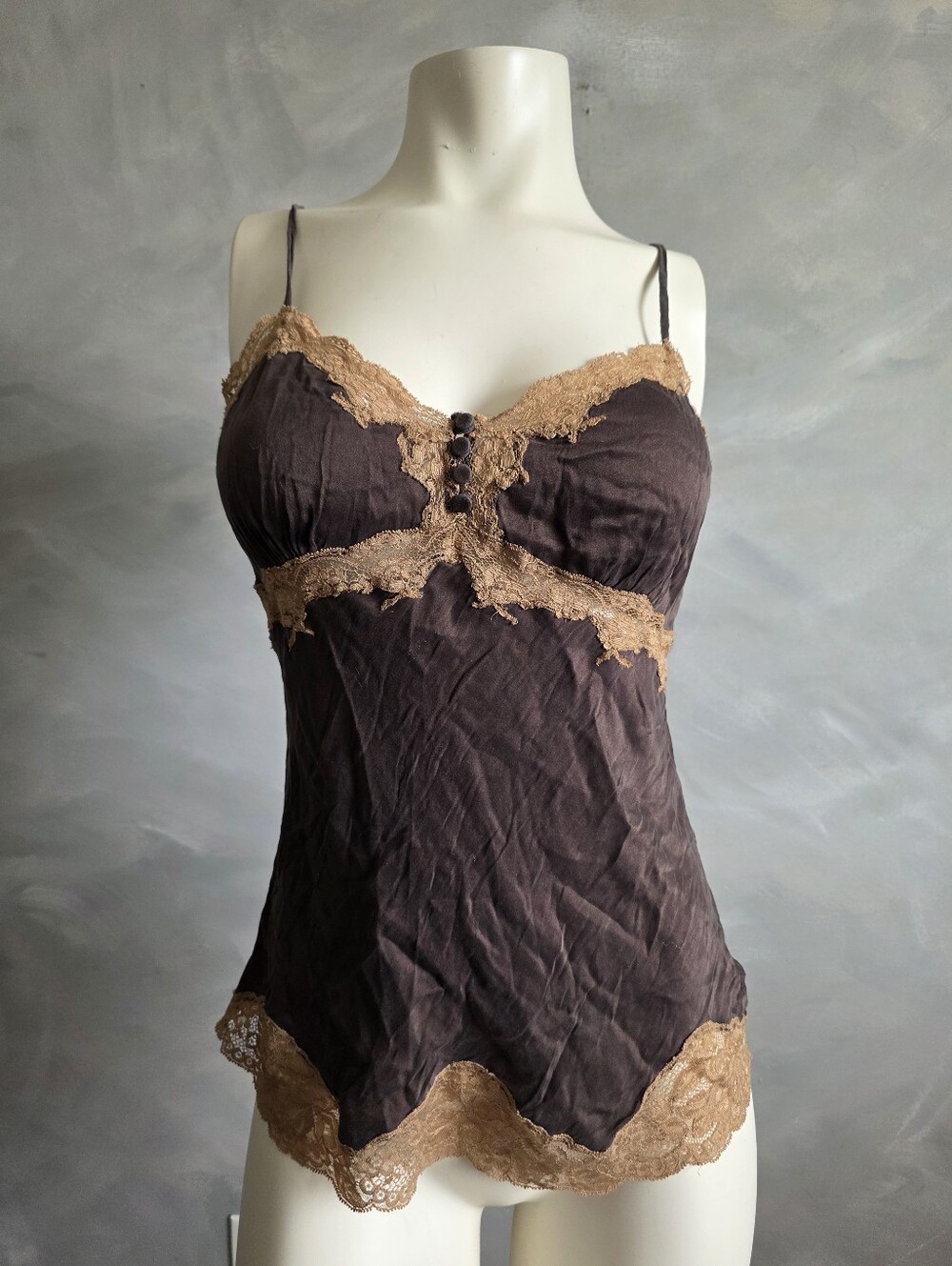 Vintage Y2k Banana Republic Brown Silk Contrast Lace Cami Top Sz S